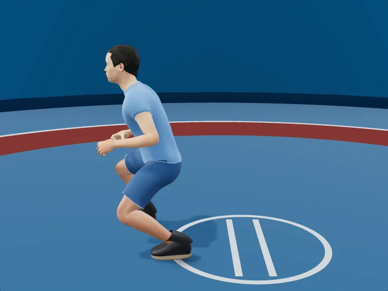 Double leg finish • solo drive: Drive the hips. Rendered human phase image, three-quarter view.