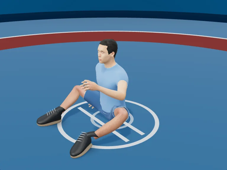 Seated base: Hands ready. Rendered human phase image, three-quarter view.