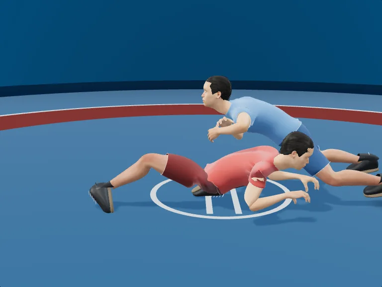 Sprawl on a shot: Hips down and away. Rendered human phase image, three-quarter view.